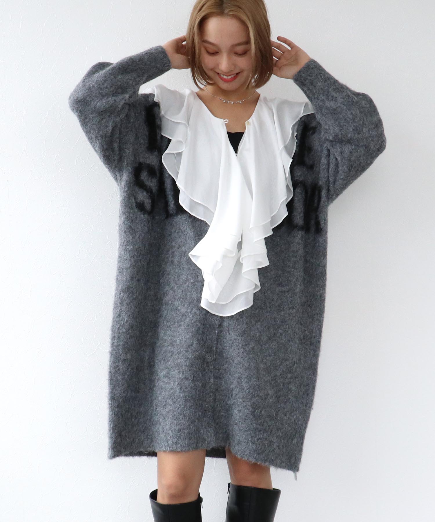 🩵ロゴプリントシャギーロングカーディガン 別注🩵｜スリーフォー